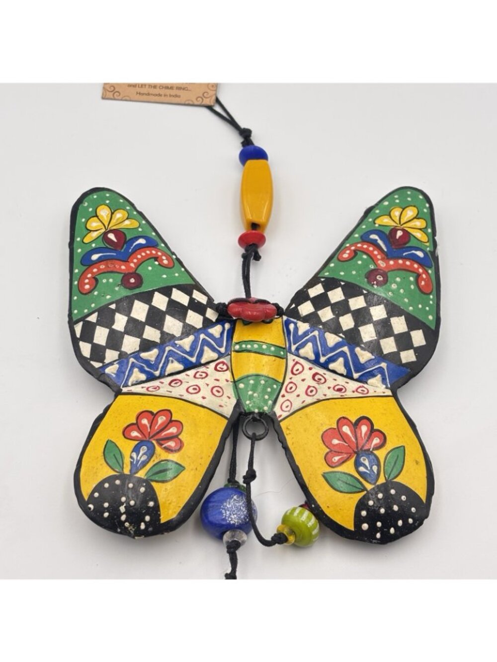 Handmade Painted Floral Butterfly Wind chime iron 21 inches long glass beads - Picture 4 of 16